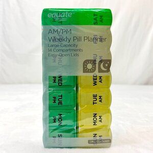 Equate AM/PM Weekly Pill Planner Large Capacity 14 Compartment Easy Open Lids